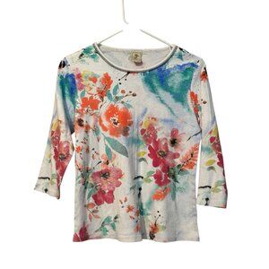 Jess and Jane Shirt Women Size Medium Blouse Colorful Floral Artsy Modern City